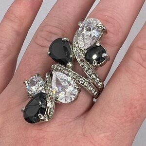 Vintage Black & Clear Crystal Statement Ring Oversized Cocktail Ring, Size 6